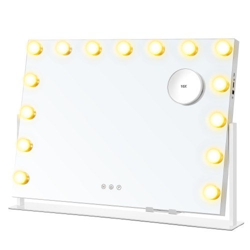 Makeupspejl med lys 58 × 43 cm – 15 LED, 3 farver, touch, USB-A/USB-C, telefonholder, mat hvid