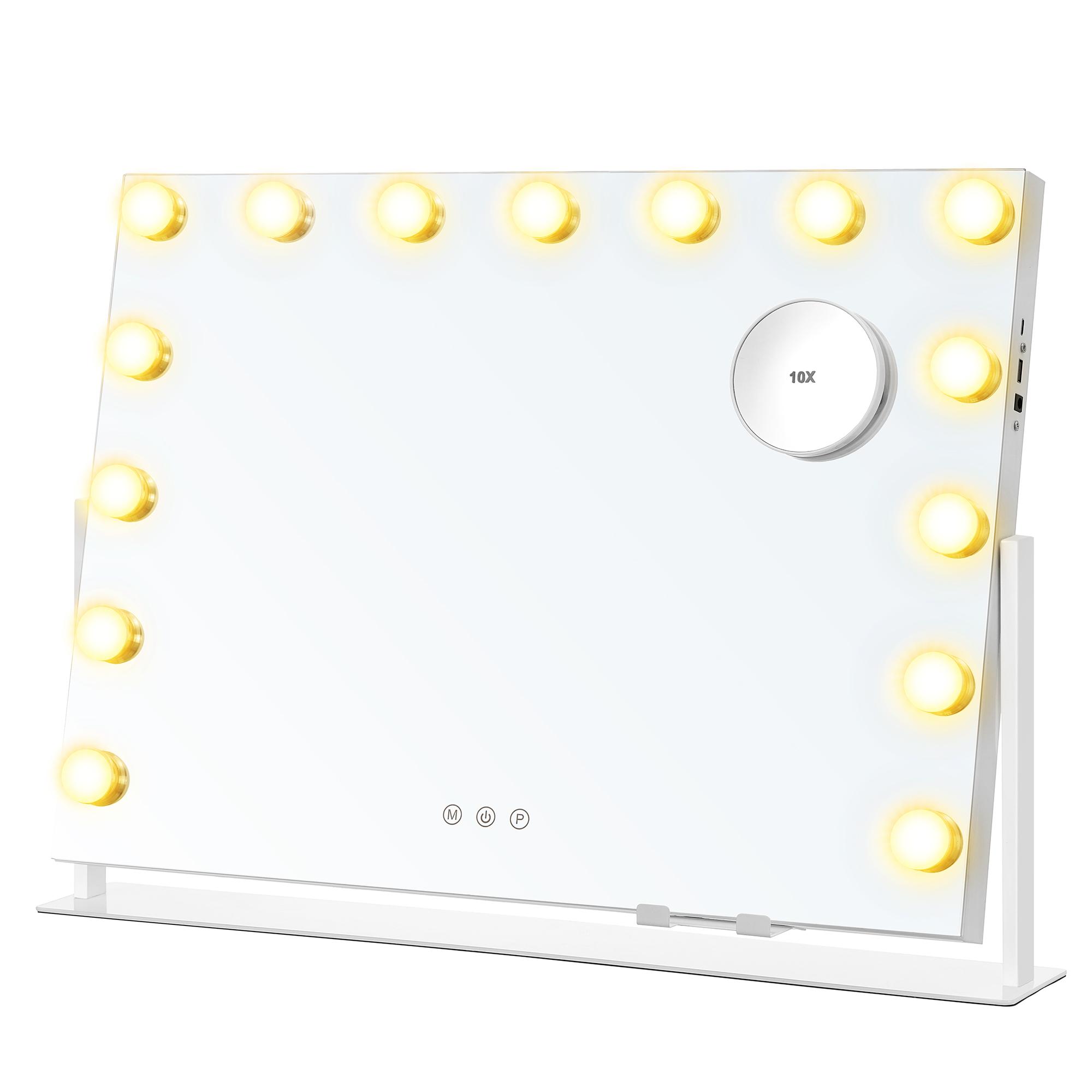 Makeupspejl med lys 58 × 43 cm – 15 LED, 3 farver, touch, USB-A/USB-C, telefonholder, mat hvid