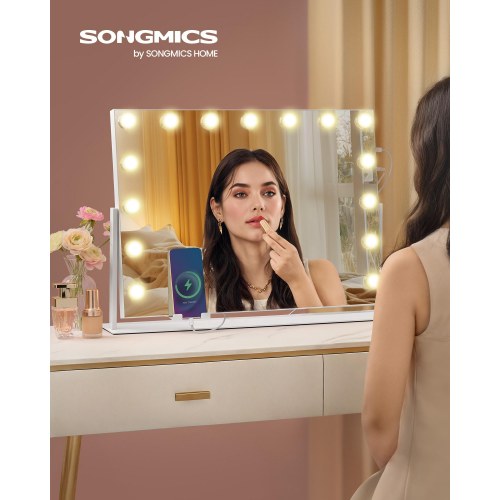 Makeupspejl med lys 58 × 43 cm – 15 LED, 3 farver, touch, USB-A/USB-C, telefonholder, mat hvid