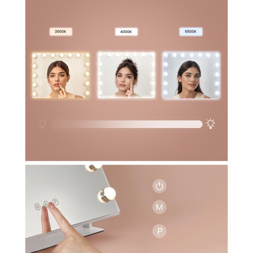 Makeupspejl med lys 58 × 43 cm – 15 LED, 3 farver, touch, USB-A/USB-C, telefonholder, mat hvid