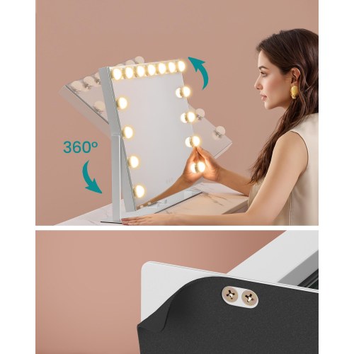 Makeupspejl med lys 58 × 43 cm – 15 LED, 3 farver, touch, USB-A/USB-C, telefonholder, mat hvid