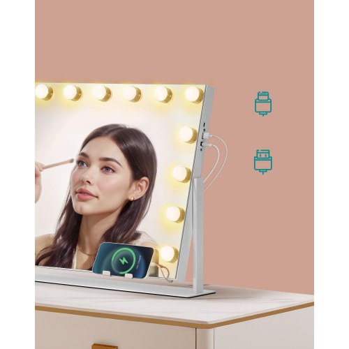 Makeupspejl med lys 58 × 43 cm – 15 LED, 3 farver, touch, USB-A/USB-C, telefonholder, mat hvid