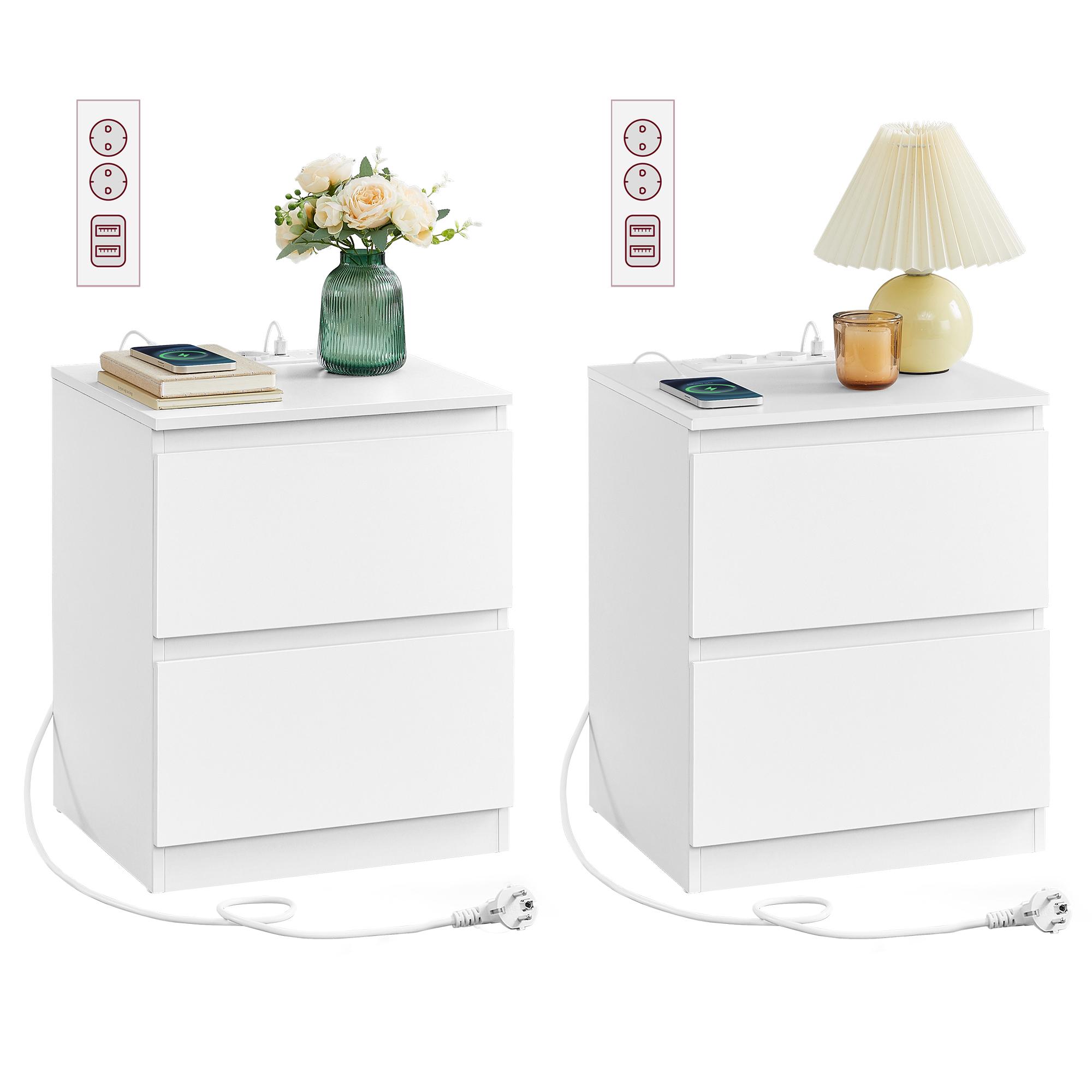 Sengeborde med stikdåse, sæt af 2 - 2 skuffer, 2 AC-udtag og 2 USB-A, moderne - Cloud White