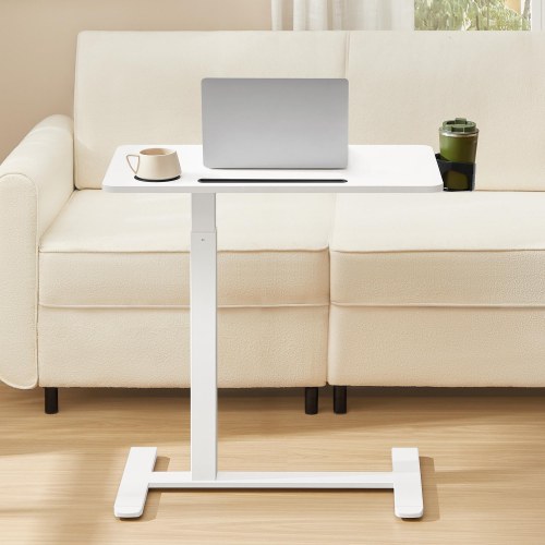 Højdejusterbart overbed- og stå-skrivebord med hjul, 70 × 40 cm - 2 kopholdere, telefon-/tablet-rille, cloud hvid