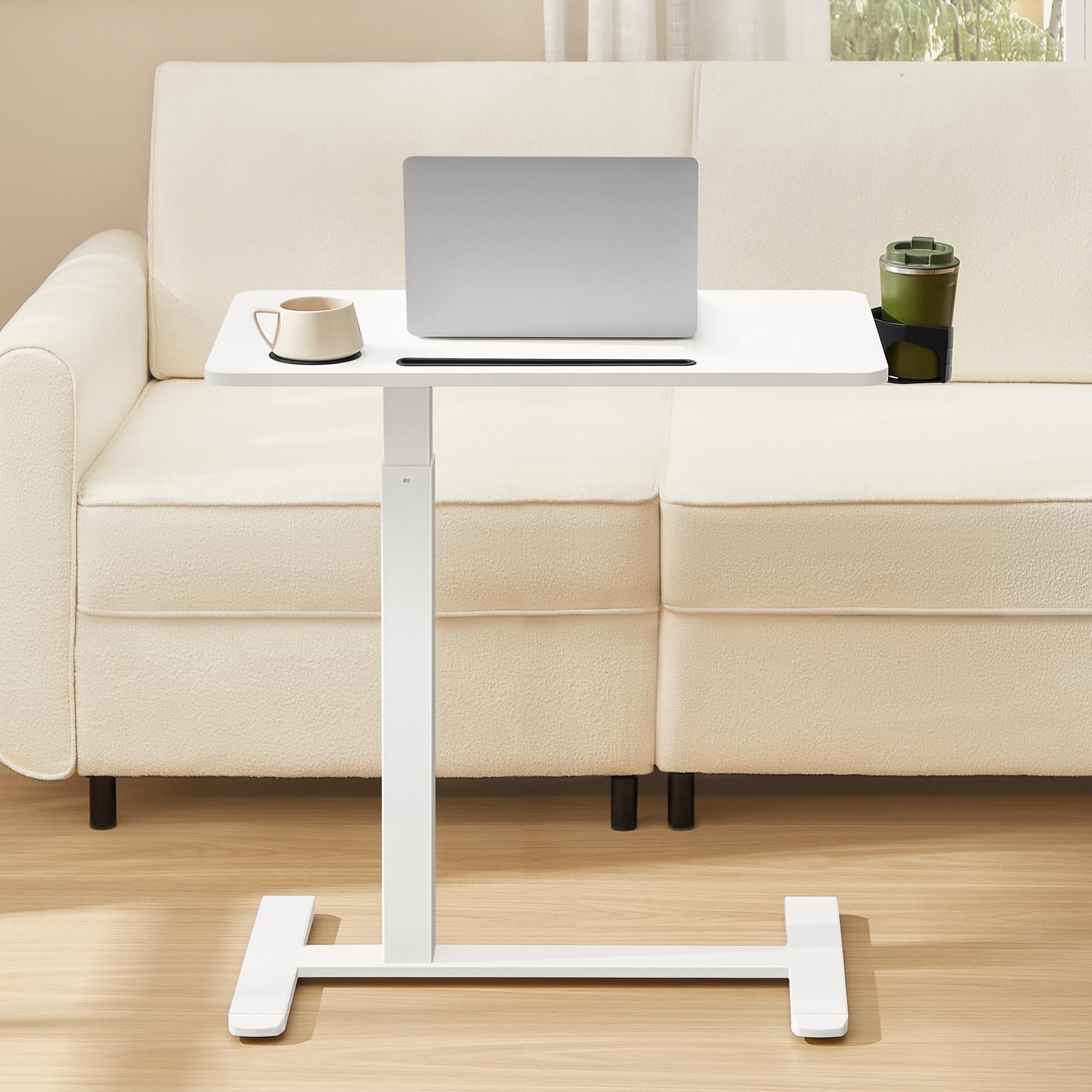 Højdejusterbart overbed- og stå-skrivebord med hjul, 70 × 40 cm - 2 kopholdere, telefon-/tablet-rille, cloud hvid