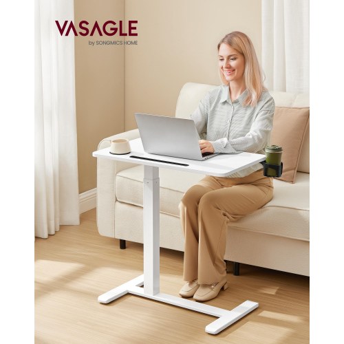 Højdejusterbart overbed- og stå-skrivebord med hjul, 70 × 40 cm - 2 kopholdere, telefon-/tablet-rille, cloud hvid