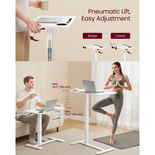 Højdejusterbart overbed- og stå-skrivebord med hjul, 70 × 40 cm - 2 kopholdere, telefon-/tablet-rille, cloud hvid