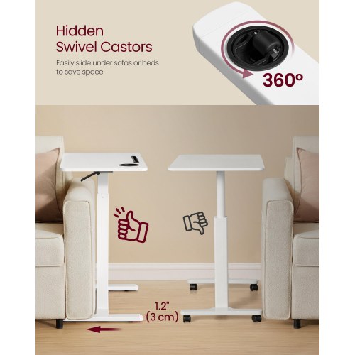 Højdejusterbart overbed- og stå-skrivebord med hjul, 70 × 40 cm - 2 kopholdere, telefon-/tablet-rille, cloud hvid