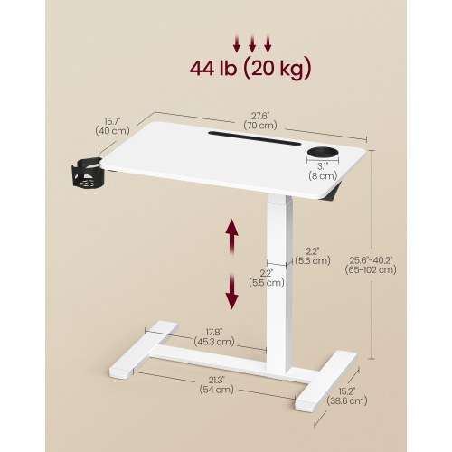 Højdejusterbart overbed- og stå-skrivebord med hjul, 70 × 40 cm - 2 kopholdere, telefon-/tablet-rille, cloud hvid