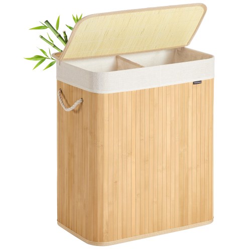 Vasketøjskurv i bambus med låg – 100 l, 2 rum, sammenklappelig med aftagelig vaskbar stofpose, natur (LCB074Y01)