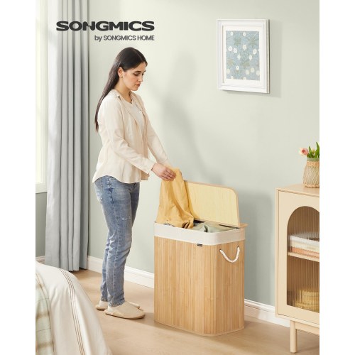 Vasketøjskurv i bambus med låg – 100 l, 2 rum, sammenklappelig med aftagelig vaskbar stofpose, natur (LCB074Y01)