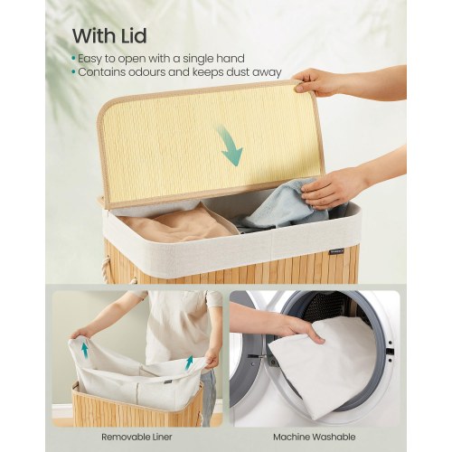 Vasketøjskurv i bambus med låg – 100 l, 2 rum, sammenklappelig med aftagelig vaskbar stofpose, natur (LCB074Y01)