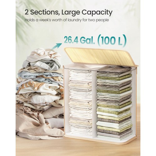 Vasketøjskurv i bambus med låg – 100 l, 2 rum, sammenklappelig med aftagelig vaskbar stofpose, natur (LCB074Y01)