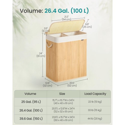 Vasketøjskurv i bambus med låg – 100 l, 2 rum, sammenklappelig med aftagelig vaskbar stofpose, natur (LCB074Y01)