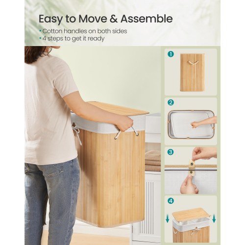 Vasketøjskurv i bambus med låg – 100 l, 2 rum, sammenklappelig med aftagelig vaskbar stofpose, natur (LCB074Y01)