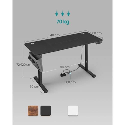 Elektrisk hæve-sænkebord 60 × 140 cm - 72-120 cm, memory 4 højder, blæk-sort