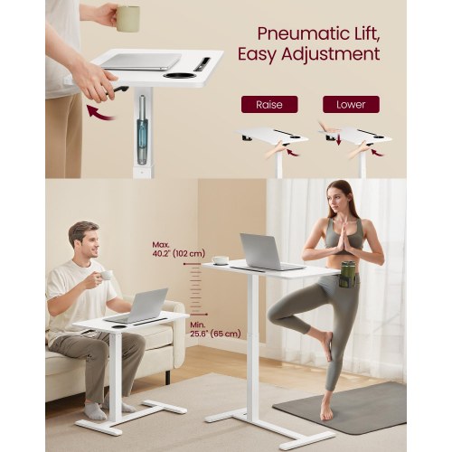 Højdejusterbart overbed-bord på hjul – mobilt stående skrivebord, 80 × 45 cm, 2 kopholdere, telefon-/tablet-rille – Cloud hvid