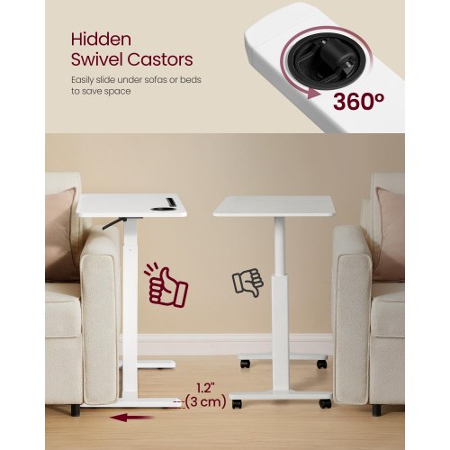 Højdejusterbart overbed-bord på hjul – mobilt stående skrivebord, 80 × 45 cm, 2 kopholdere, telefon-/tablet-rille – Cloud hvid