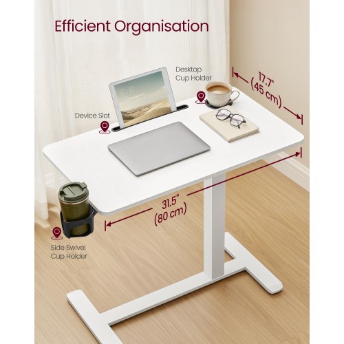 Højdejusterbart overbed-bord på hjul – mobilt stående skrivebord, 80 × 45 cm, 2 kopholdere, telefon-/tablet-rille – Cloud hvid