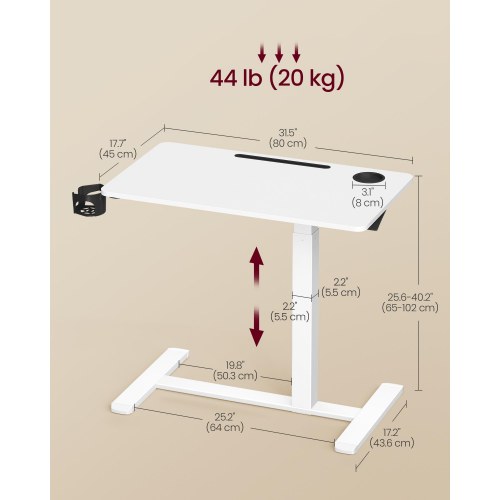 Højdejusterbart overbed-bord på hjul – mobilt stående skrivebord, 80 × 45 cm, 2 kopholdere, telefon-/tablet-rille – Cloud hvid