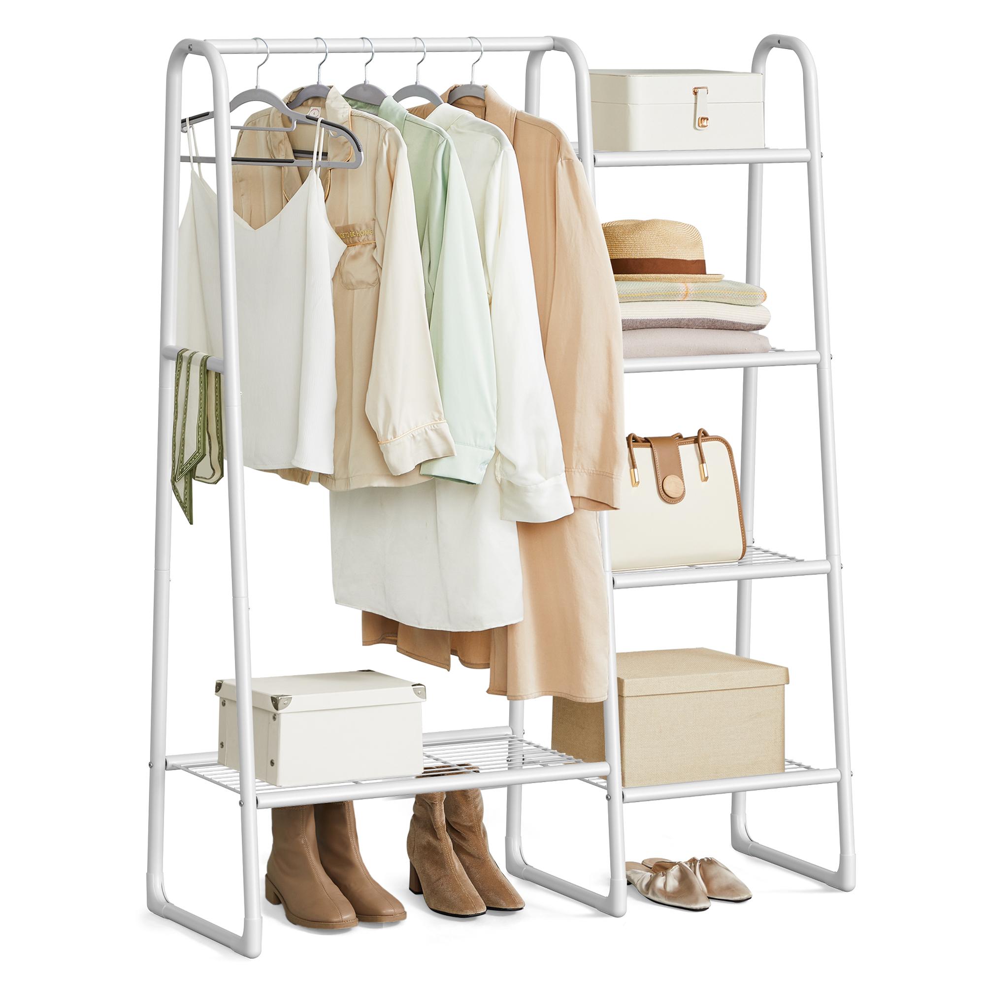 Gulvstående tøjstativ med 5 hylder – hvid garderobestativ