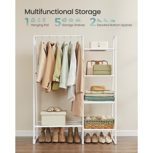 Gulvstående tøjstativ med 5 hylder – hvid garderobestativ