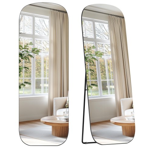 Fuldfigur gulvspejl 160 × 50 cm – buet rektangel med støtteben, hærdet glas, aluminium – blæk-sort