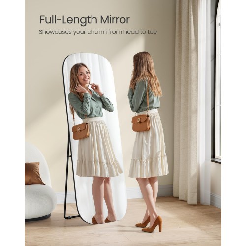 Fuldfigur gulvspejl 160 × 50 cm – buet rektangel med støtteben, hærdet glas, aluminium – blæk-sort