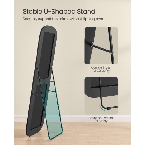 Fuldfigur gulvspejl 160 × 50 cm – buet rektangel med støtteben, hærdet glas, aluminium – blæk-sort