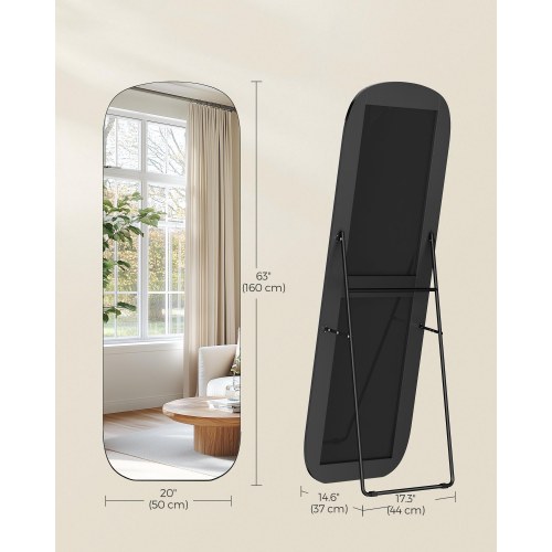 Fuldfigur gulvspejl 160 × 50 cm – buet rektangel med støtteben, hærdet glas, aluminium – blæk-sort