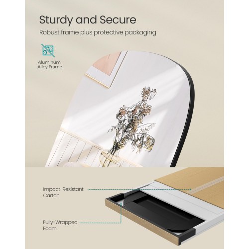 Fuldfigur gulvspejl 160 × 50 cm – buet rektangel med støtteben, hærdet glas, aluminium – blæk-sort