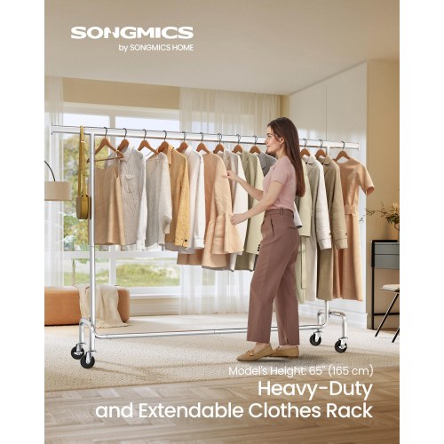 Tøjstativ på hjul – kraftig udgave med udtrækkelig bøjlestang, 110 kg, 45 × 160–200 × 162,9 cm, forkromet – sølv (HSR176E01)