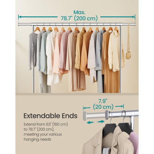 Tøjstativ på hjul – kraftig udgave med udtrækkelig bøjlestang, 110 kg, 45 × 160–200 × 162,9 cm, forkromet – sølv (HSR176E01)