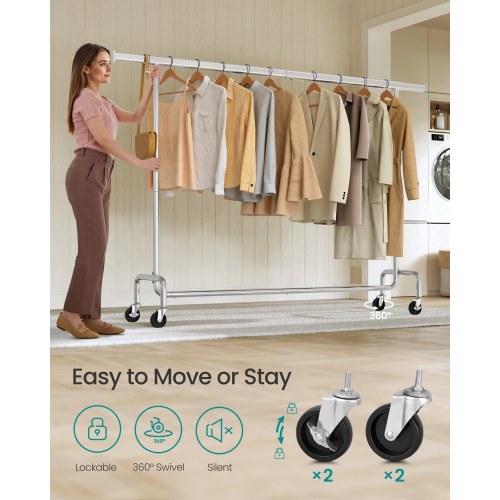 Tøjstativ på hjul – kraftig udgave med udtrækkelig bøjlestang, 110 kg, 45 × 160–200 × 162,9 cm, forkromet – sølv (HSR176E01)