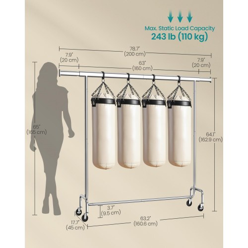 Tøjstativ på hjul – kraftig udgave med udtrækkelig bøjlestang, 110 kg, 45 × 160–200 × 162,9 cm, forkromet – sølv (HSR176E01)