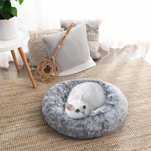 Rund donut hundeseng - fluffy, beroligende med aftageligt, vaskbart betræk, 50 cm - grå