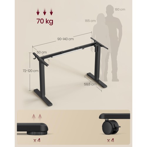 Elektrisk hæve-sænke stel til skrivebord – justerbart 80–150 cm, memory 3 højder, 70 kg, stål, ink black