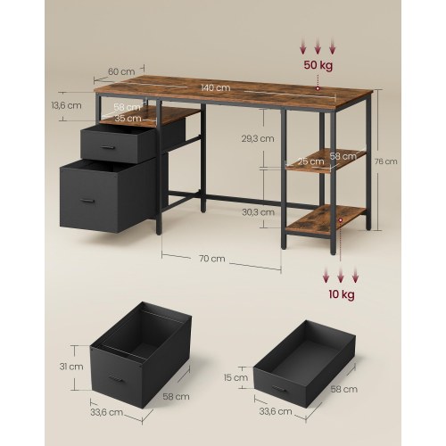 Skrivebord til hjemmekontor med 3 hylder og 2 skuffer - industrielt look, rustik brun/sort, 60 × 140 × 76 cm