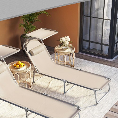 Solseng med nakkepude og solskærm - justerbar, foldbar, taupe 53 × 193 × 29,5 cm (150 kg)