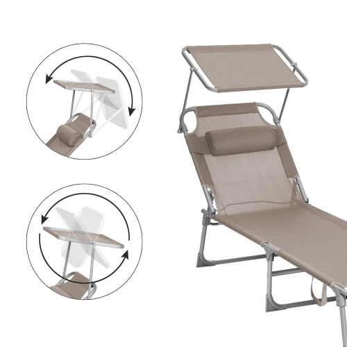 Solseng med nakkepude og solskærm - justerbar, foldbar, taupe 53 × 193 × 29,5 cm (150 kg)