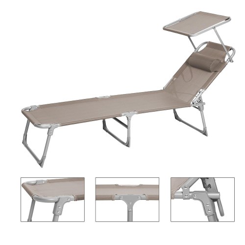 Solseng med nakkepude og solskærm - justerbar, foldbar, taupe 53 × 193 × 29,5 cm (150 kg)