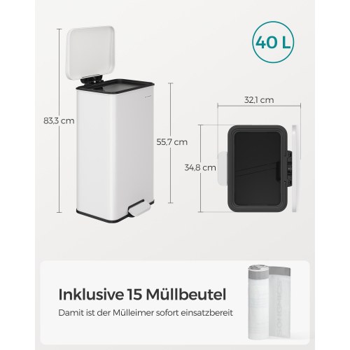 Pedalspand med låg 40 l - hvid
