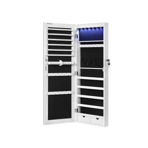 Spejlskab til smykker med lys – rammeløst vægspejl/ dørophæng, stor kapacitet, hvid (JJC99WT)