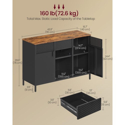 Metalskab/sideboard med 2 døre – justerbare hylder, rustik brun & mat sort