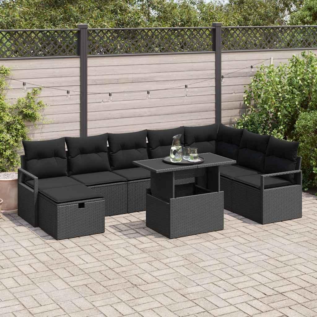 Havesofa SÃ¦t med pude med opbevaring 9 stk Sort Poly rattan