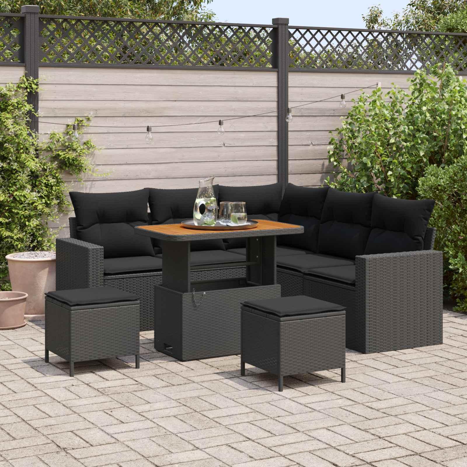 Havesofa Sæt med pude 9 stk Sort polyrattan