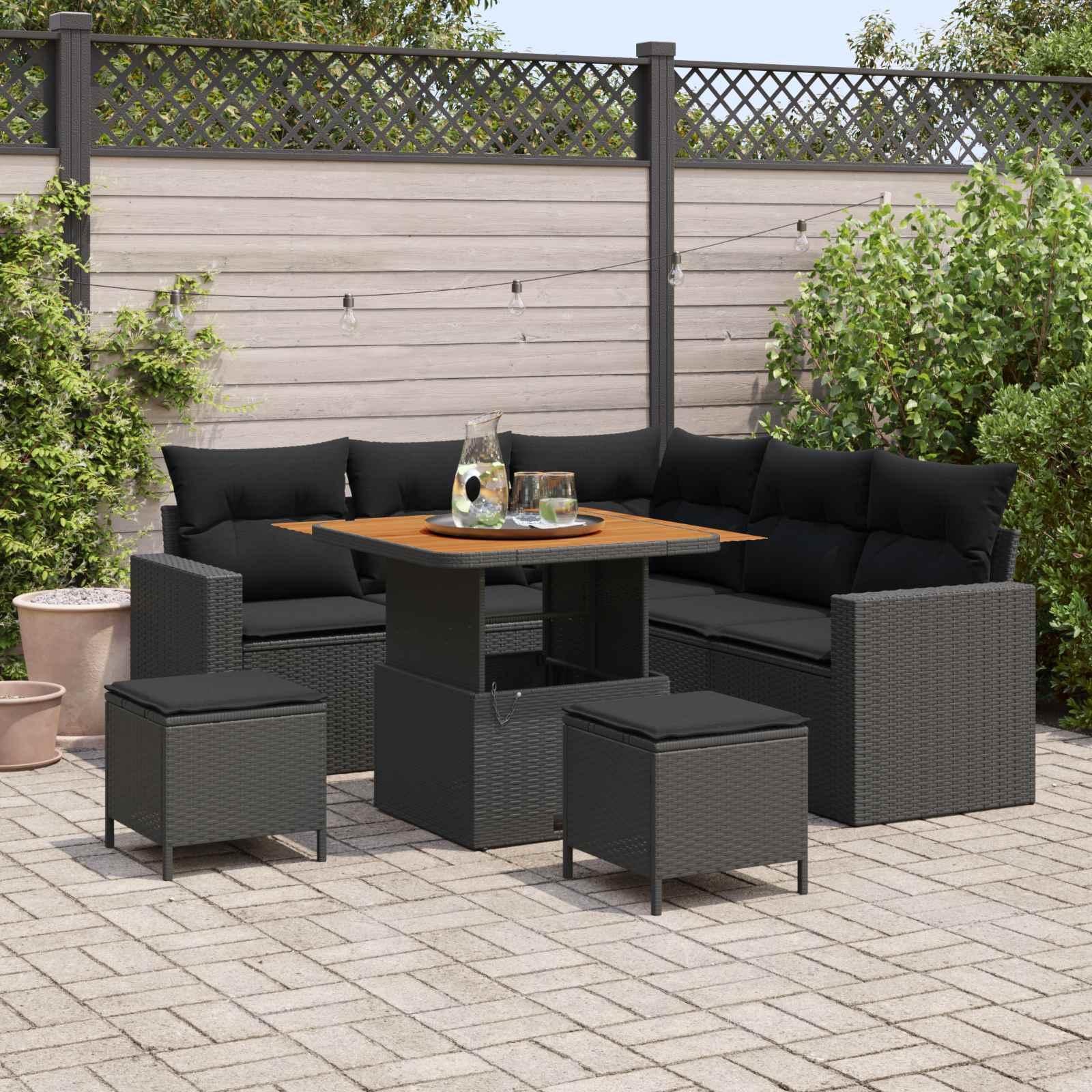 Havesofa Sæt med pude 9 stk Sort polyrattan