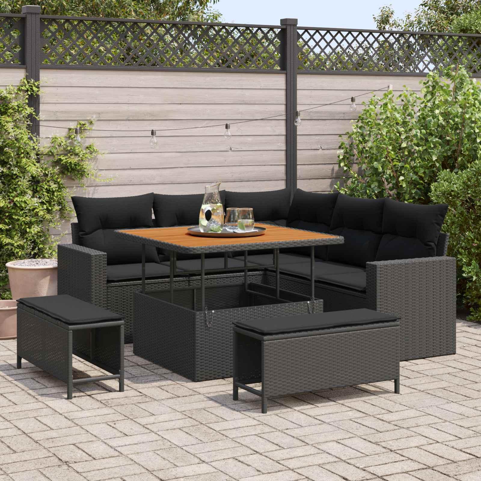 Havesofa Sæt med pude 9 stk Sort polyrattan