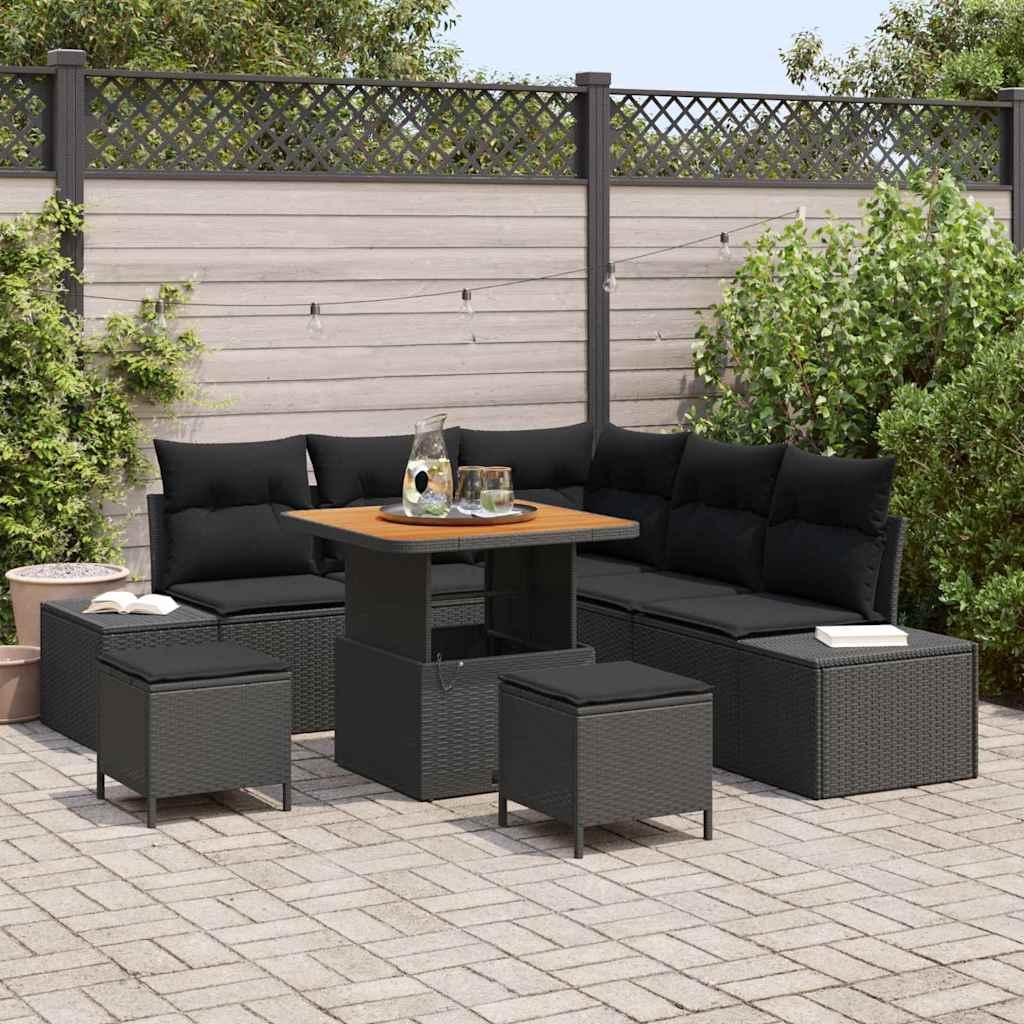Havesofa sæt i sort polyrattan - 8 dele med puder og opbevaring