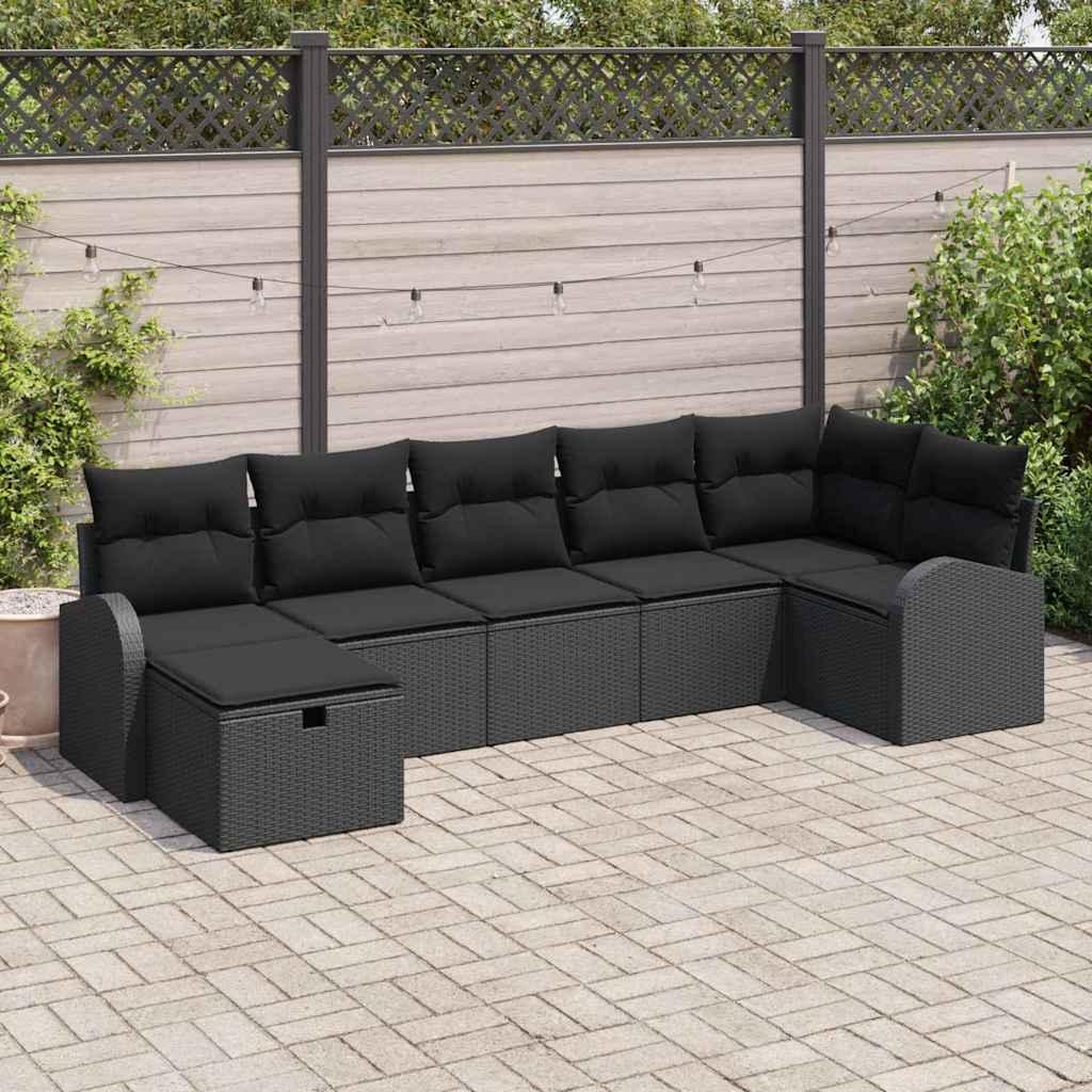 Havesofa SÃ¦t med pude med opbevaring 7 stk Sort polyrattan